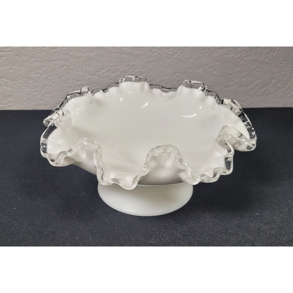 Vintage Fenton Silver Crest Milk Glass Pedestal Compote Bowl Ruffled Edge 8.5"